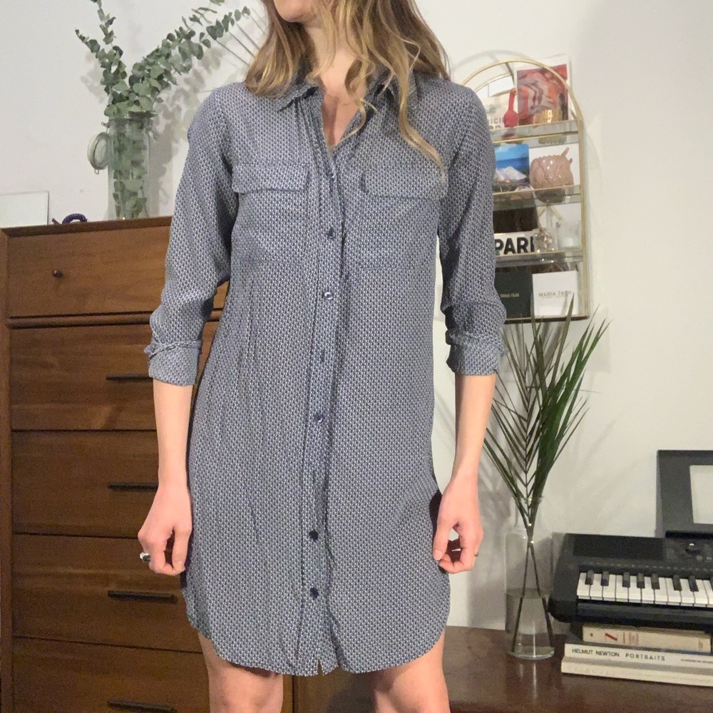 Equipment long sleeve button down blue print dress
